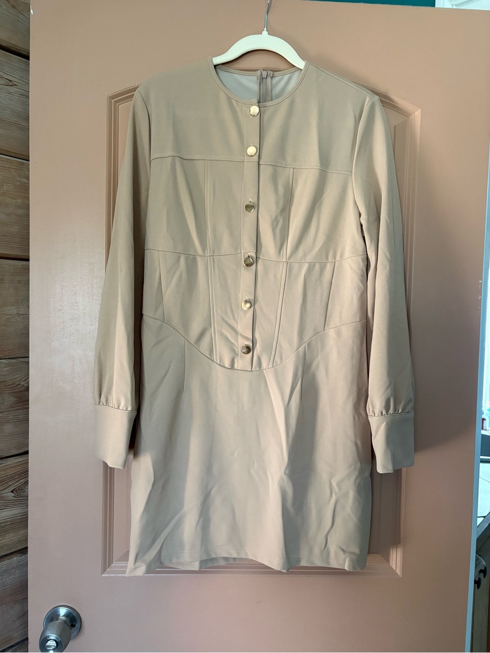 SHEIN Beige Long Sleeve Button-Front Tunic Dress